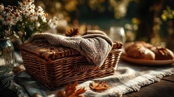Beautiful picnic setup with wicker basket and baked goods during autumn afternoon photo