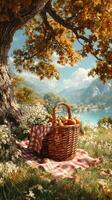 Picnic basket filled with fruits beneath a tree near a serene lake on a sunny autumn day photo
