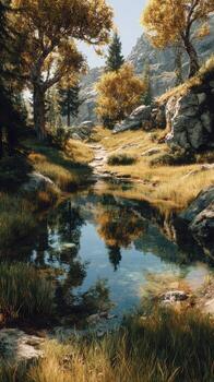 tranquilo corriente rodeado por otoño follaje en un sereno montañoso ajuste durante el dorado hora foto