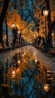 Autumn evening with glowing lanterns reflecting on rain-soaked path in a city park photo