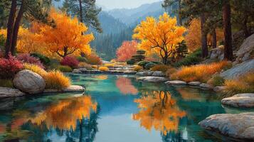 Autumn landscape with colorful trees and a tranquil river reflecting the scenery in a serene mountain setting photo
