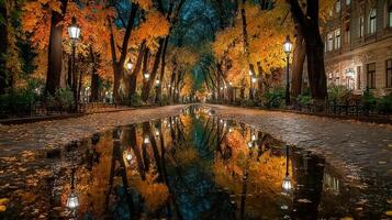 Fallen leaves create a vibrant landscape by the water at twilight in a city park photo
