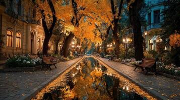 Colorful autumn trees line a peaceful pathway with reflections in water at dusk photo