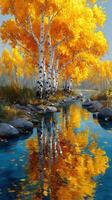 Vibrant autumn landscape with birch trees reflecting in a serene river on a clear day photo