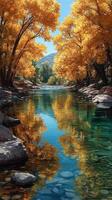 Serene river reflecting golden autumn trees under a clear blue sky in a tranquil landscape photo
