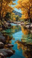 Serenity in a vibrant autumn landscape with a tranquil river surrounded by golden trees photo
