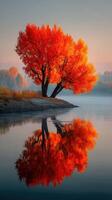 Vibrant autumn tree reflecting in calm water at sunrise by riverside photo