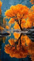 Stunning autumn landscape featuring a vibrant orange tree reflected in a calm river surrounded by rugged mountains photo