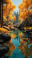 Autumn landscape featuring vibrant yellow trees and a serene river reflecting nature's beauty photo