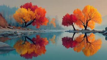 Vibrant autumn trees reflect on calm river during early morning light photo