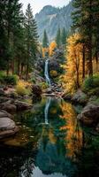 Majestic waterfall surrounded by autumn foliage in a serene forest setting photo