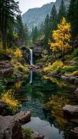 Serene waterfall cascading into a tranquil pool surrounded by autumn foliage in a secluded forest photo