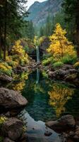 Beautiful forest landscape with vibrant autumn foliage and a serene waterfall reflecting in the tranquil water photo