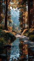 Serene autumn landscape with reflections in a tranquil stream surrounded by forested mountains photo