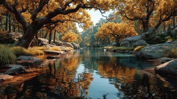 Tranquil autumn landscape with golden trees reflecting in calm water in a serene forest setting photo