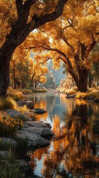 Serene riverbank with golden autumn trees reflecting in the calm water during a sunny afternoon photo
