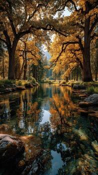 Autumn reflections in a serene forest stream surrounded by golden trees in tranquil nature setting photo
