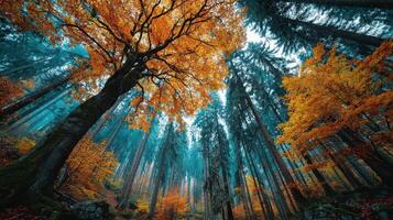 Vibrant autumn foliage under a towering forest canopy at midday in a serene woodland photo