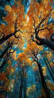 Vibrant autumn foliage with golden leaves against a tranquil forest backdrop in mid-afternoon light photo