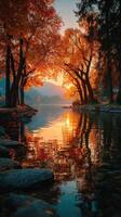 Vibrant autumn sunset reflecting on a calm lake surrounded by colorful trees photo