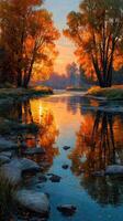Vibrant autumn sunset over a serene river with colorful trees reflecting in the water photo
