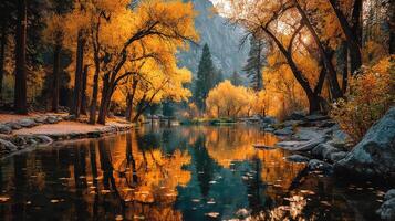 Vibrant autumn foliage reflects in a serene river surrounded by trees at golden hour near a mountain range photo