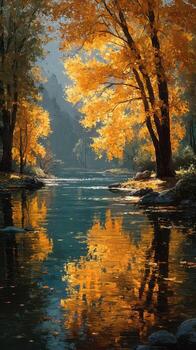 Autumn reflections by a tranquil river surrounded by golden trees at dusk in a serene landscape photo