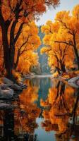 Colorful autumn trees reflect on tranquil river in a serene landscape near mountains photo
