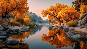 Autumn foliage reflects on tranquil river in a serene landscape at dawn photo