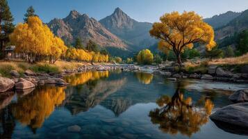 Autumn colors reflect on calm water in a serene mountain landscape during early morning hours photo