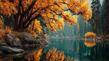 Autumn colors reflect in serene river surrounded by tall trees and rocks in a peaceful forest setting photo