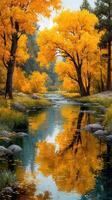Autumn landscape with vibrant orange trees reflecting in a calm river at midday in a tranquil forest setting photo