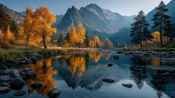 Autumn colors reflecting in the calm river surrounded by majestic mountains and vibrant trees photo