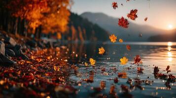Autumn leaves dance above a serene lake at sunset with mountains in the background creating a tranquil landscape photo