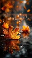 Vibrant orange leaves floating on water during autumn rain at a serene lakeside in the afternoon photo