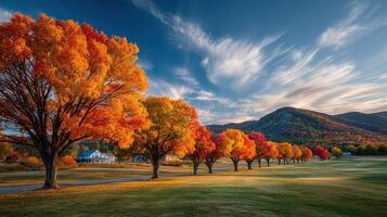 Bright autumn trees line the path against a mountain backdrop in vibrant colors during a sunny afternoon photo