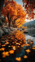 vibrante otoño arboles reflejar en calma lago aguas durante tarde tarde foto