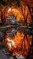 Autumn foliage reflects on a tranquil waterway in a charming neighborhood during sunset photo