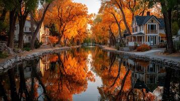 Autumn reflections in a tranquil canal with vibrant orange trees lining the shore photo