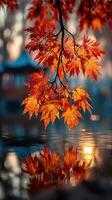 Autumn leaves glow vividly over a still lake during sunset in a serene outdoor setting photo