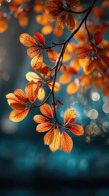 Vibrant autumn leaves illuminated by sunlight create a stunning natural display in a tranquil setting