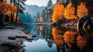 Stunning autumn landscape with vibrant orange trees reflecting on a calm river in the early morning photo
