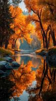 Autumn colors reflect on a serene river surrounded by vibrant foliage in a tranquil forest setting photo