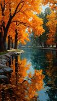 Vibrant autumn foliage reflecting on a tranquil lake during golden hour in a serene landscape photo