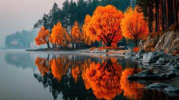 Vibrant autumn foliage reflecting on peaceful lake at dawn in a serene forest setting photo