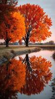 Vibrant autumn colors reflect in calm water near a rural home surrounded by colorful trees during sunset photo