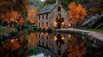 Historic stone house reflecting in calm water surrounded by autumn foliage in a serene landscape setting at dusk photo