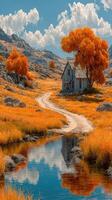 Colorful autumn landscape with a rustic house beside a reflective pond in a serene valley photo