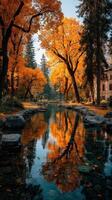 Stunning fall foliage reflecting in a serene pond surrounded by vibrant autumn trees in a tranquil park setting photo