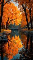 Autumn trees reflecting in tranquil waterway during sunset in a serene urban park photo